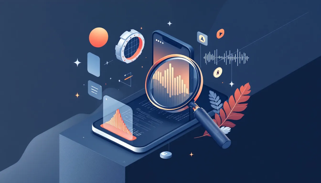 Ilustración conceptual de experiencia interactiva de audio e investigación criminal en móvil