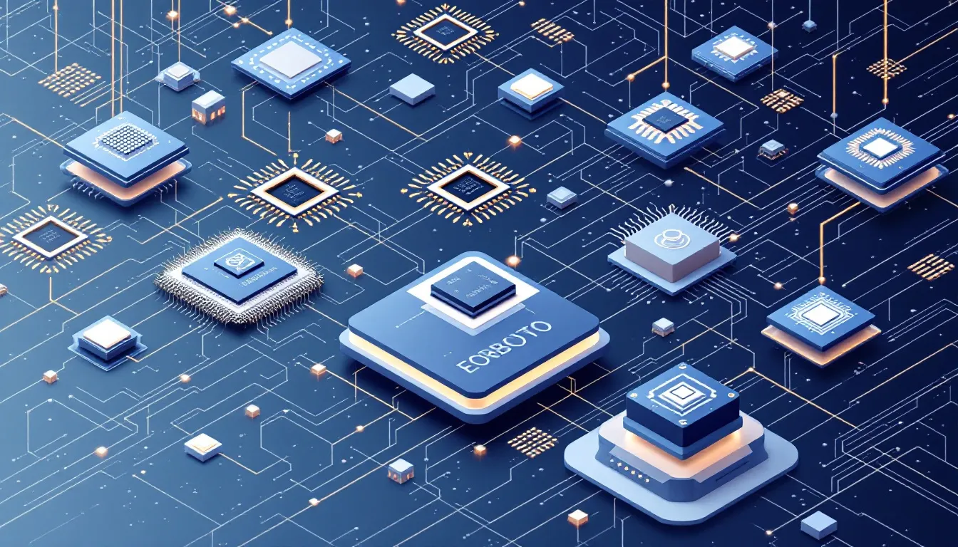 Ilustración conceptual de chips semiconductores, robots industriales y centros de datos interconectados
