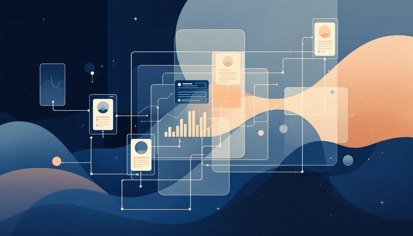 Ilustración conceptual de medición de audiencias digitales con flujos de datos y gráficos analíticos