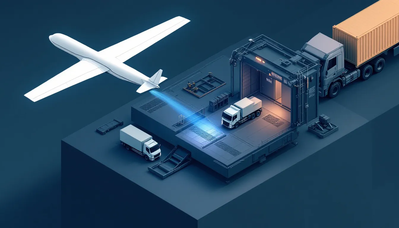 Ilustración conceptual de sistema modular de catapulta electromagnética para drones