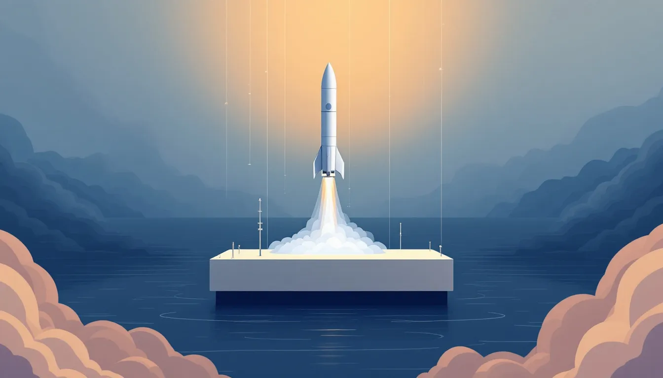 Ilustración conceptual de aterrizaje vertical de cohete en plataforma marítima