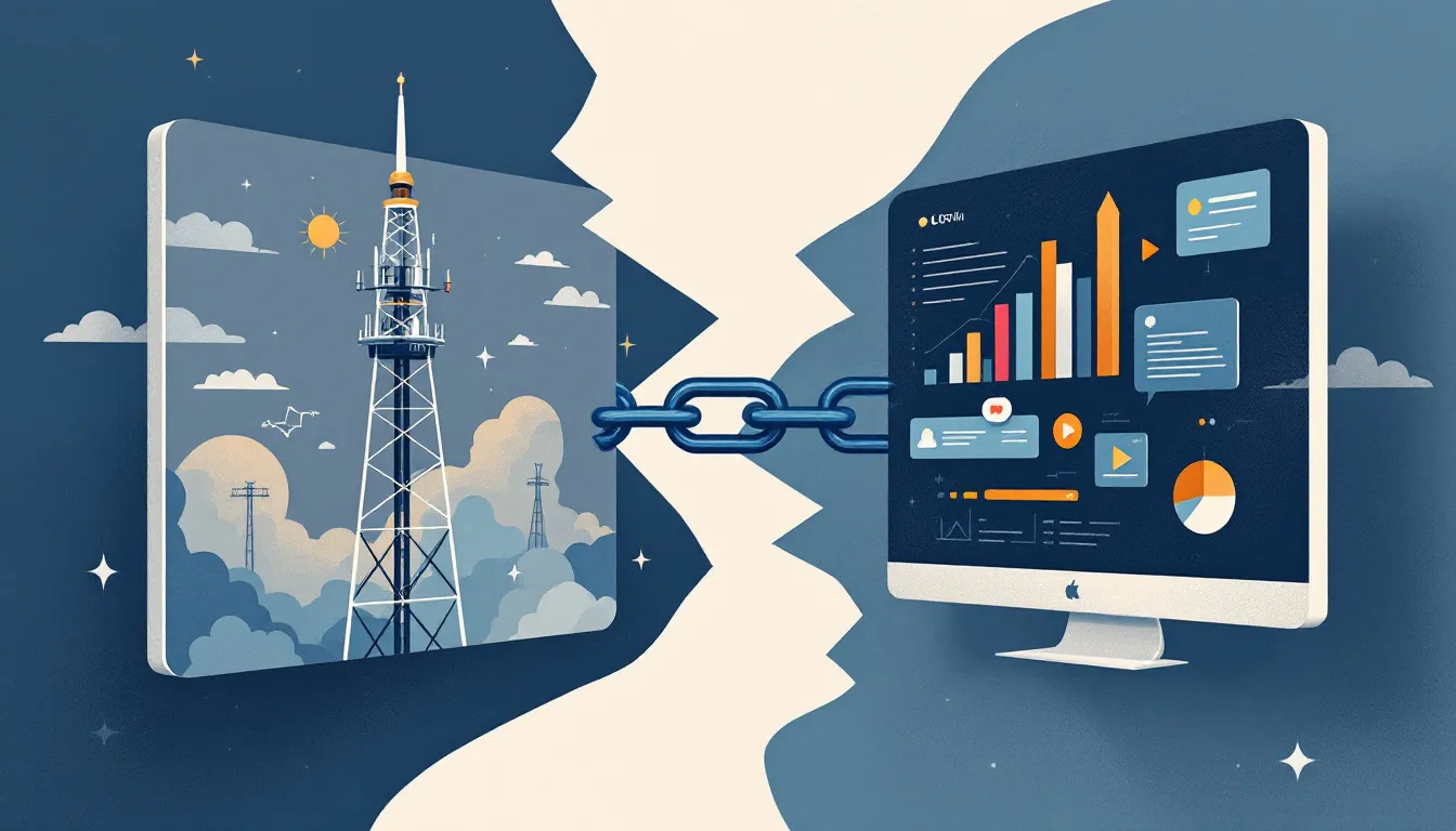 Ilustración conceptual de separación empresarial entre medios tradicionales y digitales